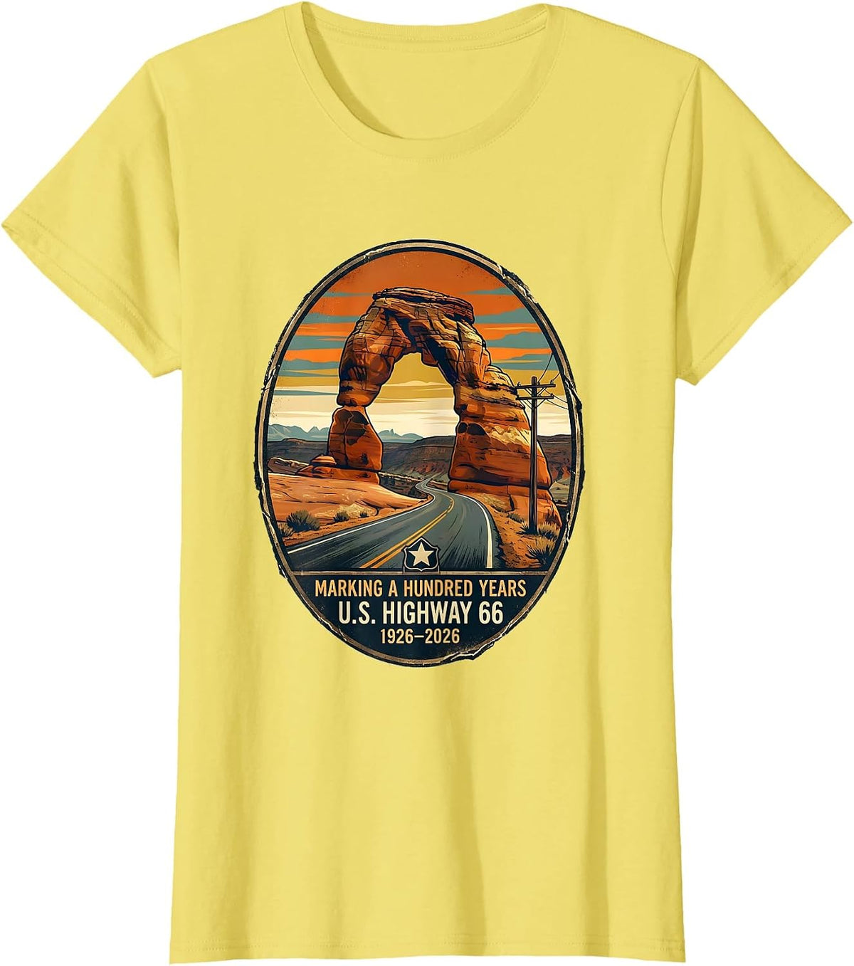 Women's Marking A Hundred Years — U.S. Highway 66 — 1926-2026 T-Shirt - Lemon Yellow