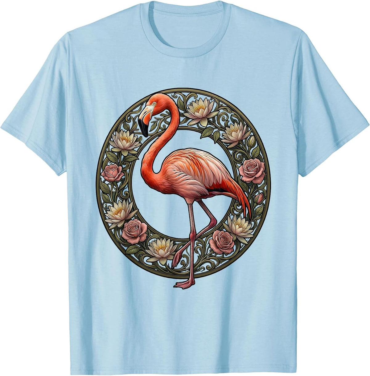 Flamingo Floral Wreath Colorful Botanical Design T-Shirt - Baby Blue