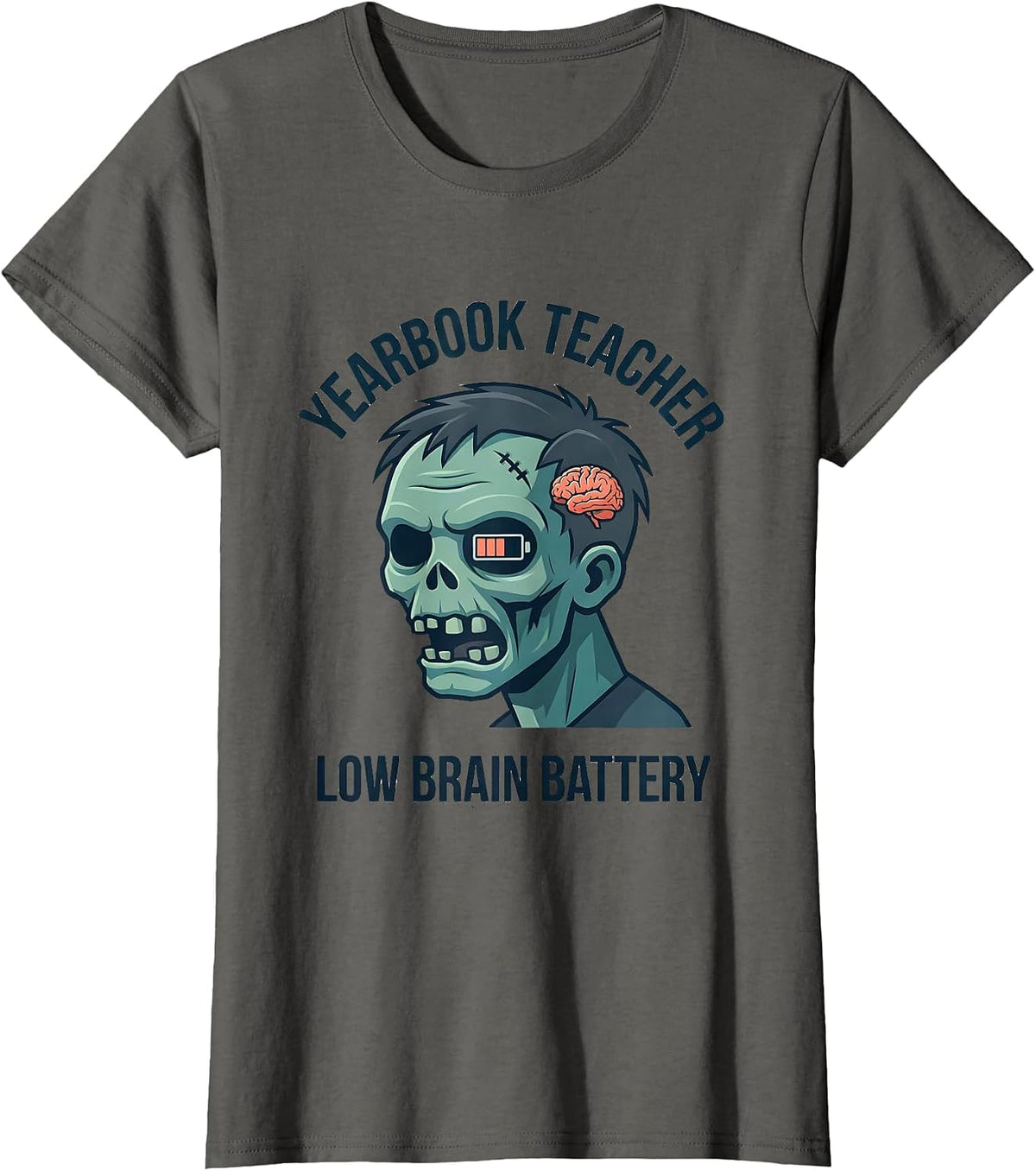 Women's Yearbook Teacher Low Brain Battery Funny Zombie Teacher T-Shirt - Asphalt Grey