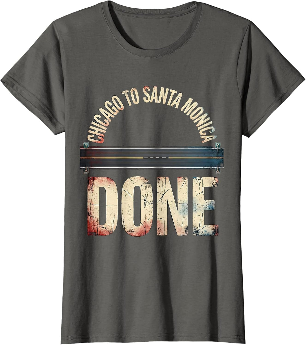 Women's Chicago To Santa Monica, Done Distressed Road Trip Classic T-Shirt - Asphalt Grey