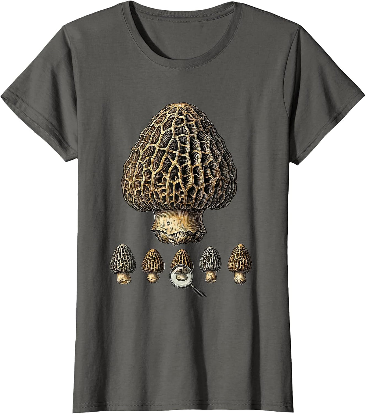 Women's Oversized Morel Botanical Mushroom Forager Retro Humor T-Shirt - Asphalt Grey