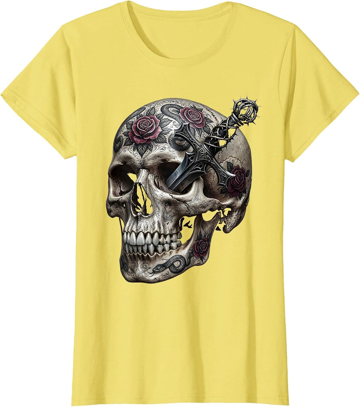 Tattooed Skull Dagger Through Temple Graphic T-Shirt - Lemon Yellow