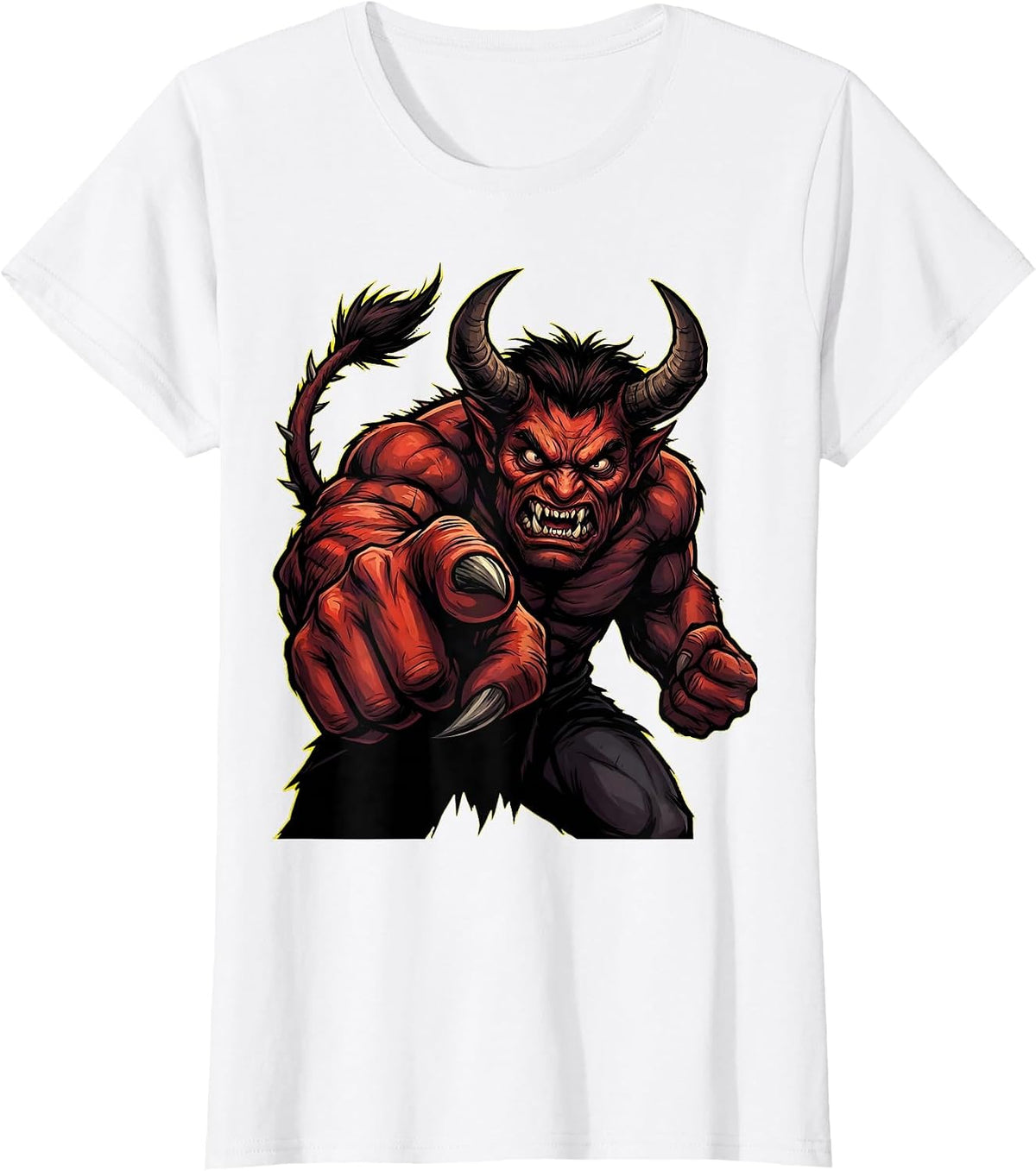 Angry Horned Demon Pointing Finger Graphic T-Shirt - White