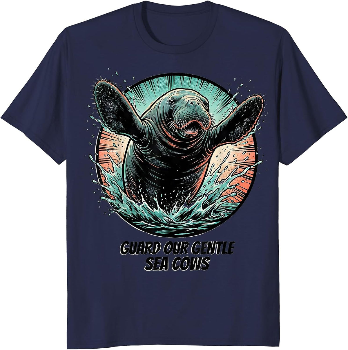 Guard Our Gentle Sea Cows Comic Book Manatee Lover Crystal T-Shirt - Navy Blue