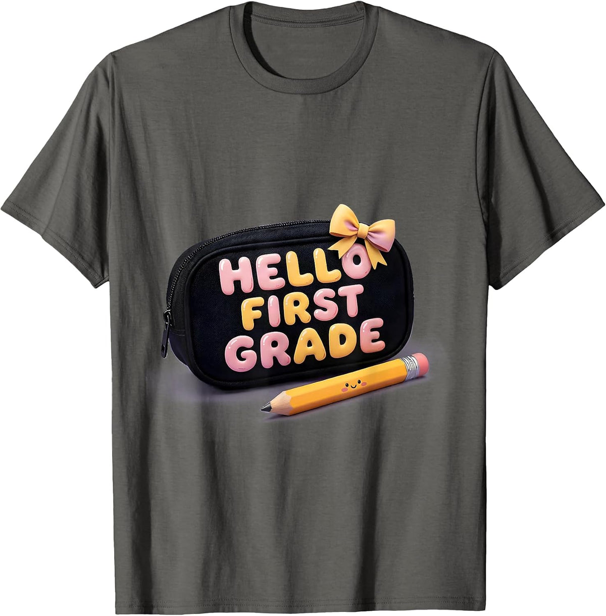 Men's Hello First Grade Cute Kawaii Bow Back To School Pencil T-Shirt - Asphalt Grey