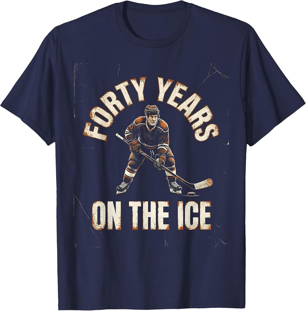 Forty Years On The Ice Distressed Hockey Player Funny Old T-Shirt - Navy Blue