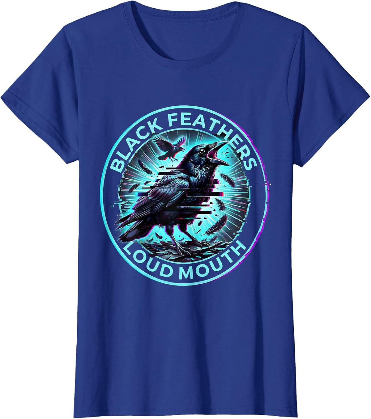 Women's Black Feathers Loud Mouth Bold Bird Design T-Shirt - Royal Blue