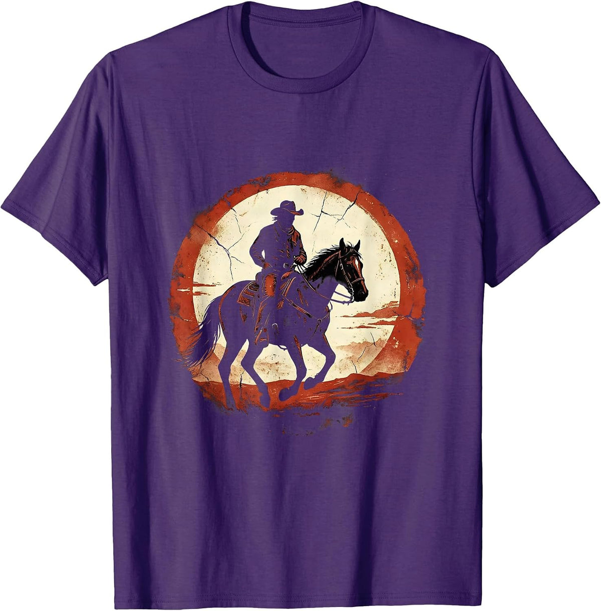 Men's Lone Cowboy Riding Into the Sunset Western Art T-Shirt - Purple