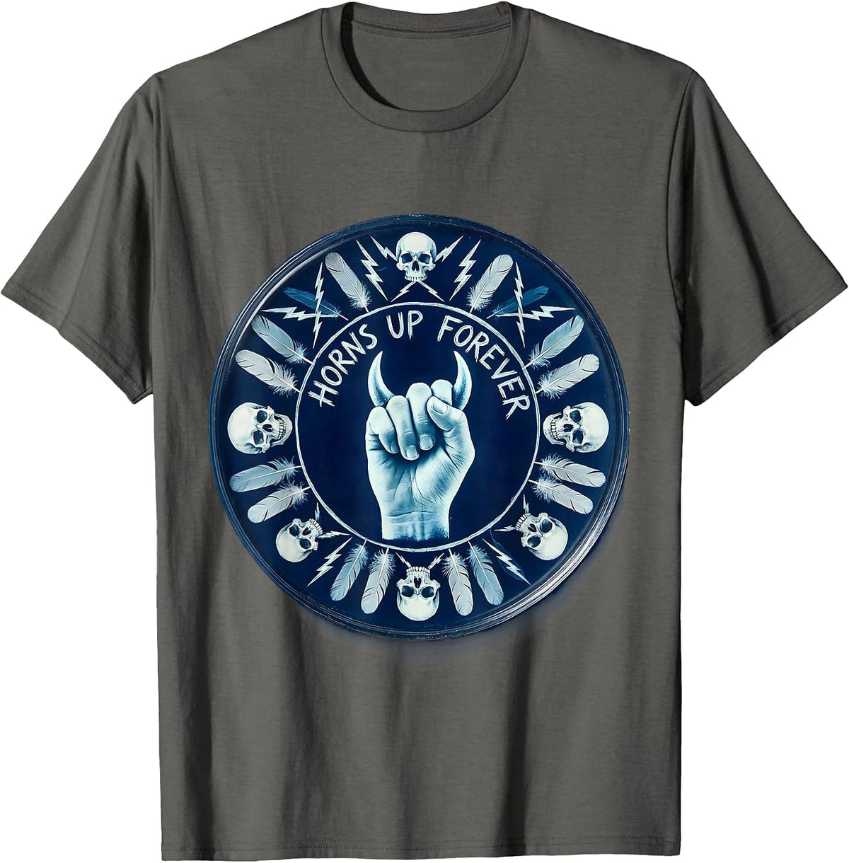 Horns Up Forever Heavy Metal Graphic Design T-Shirt - Asphalt Grey
