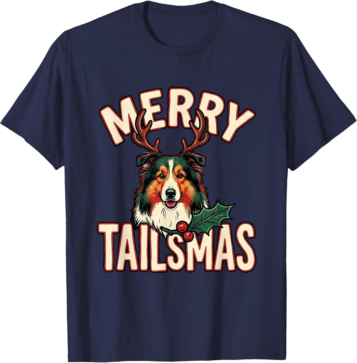 Men's Merry Tailsmas Funny Collie Christmas Dog Lover Gift T-Shirt - Navy Blue