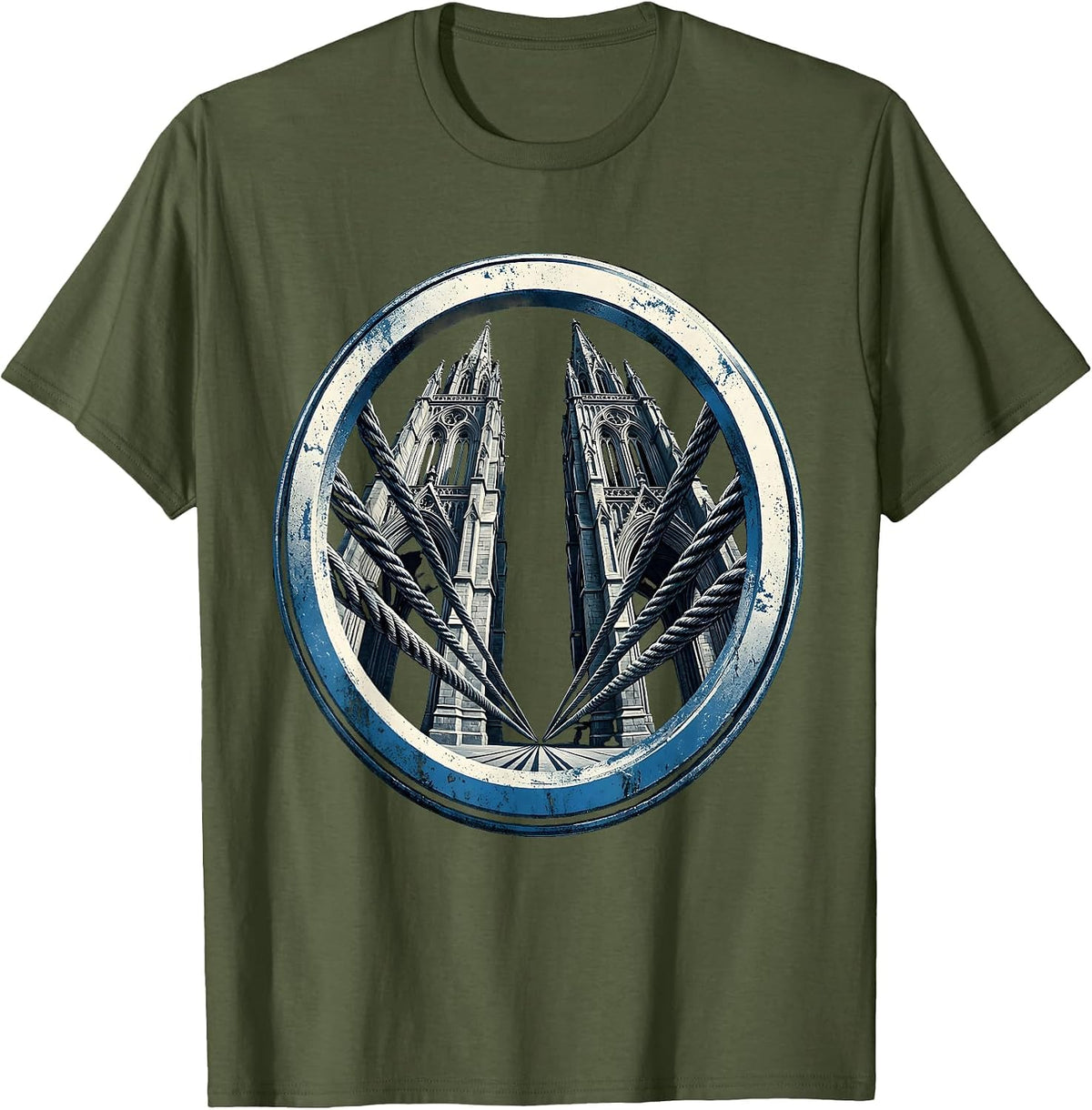 Brooklyn Bridge Cables Dramatic Angle Graphic T-Shirt - Olive Green