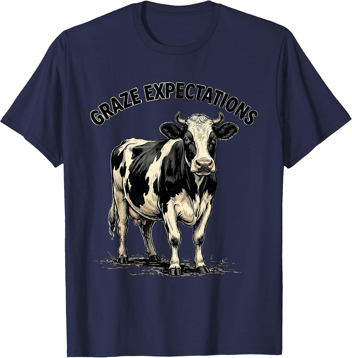 Graze Expectations Funny Cow Farm Animal Pun Humor T-Shirt - Navy Blue