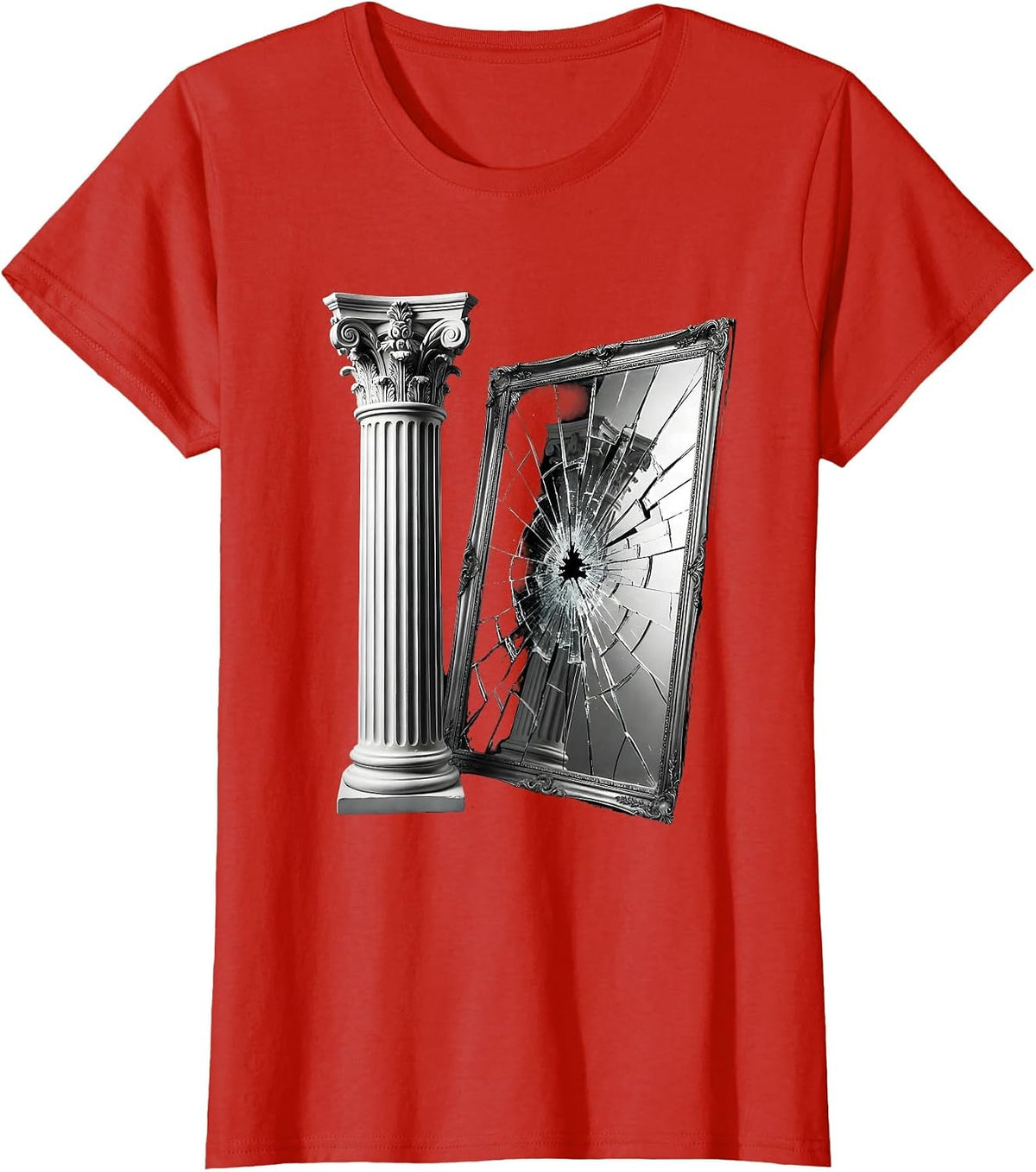 Women's Ancient Greek Column Cracked Mirror Illustration T-Shirt - Red