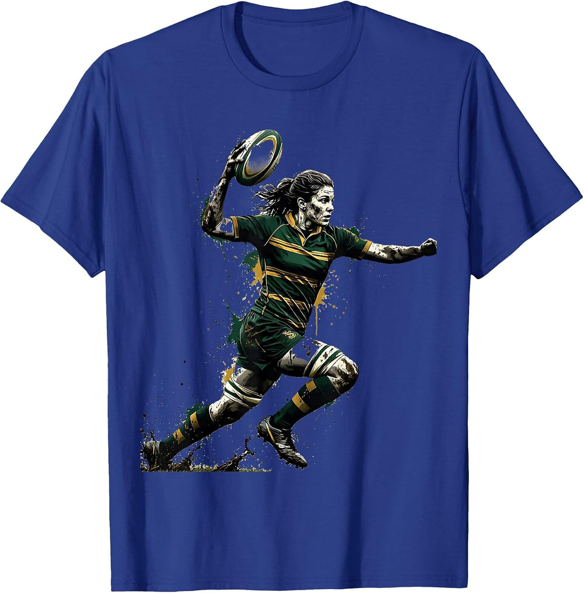 Muddy Rugby Player Triumphant Ball Holder Graphic T-Shirt - Royal Blue