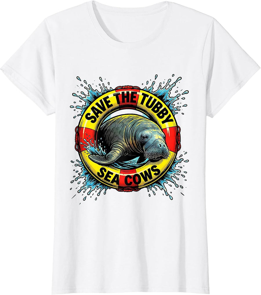 Women's Save The Tubby Sea Cows Pop Art Manatee Lover Crystal River T-Shirt - White