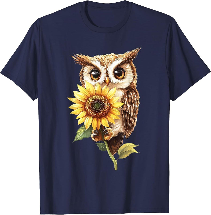 Owl Sunflower T-Shirt - Navy Blue