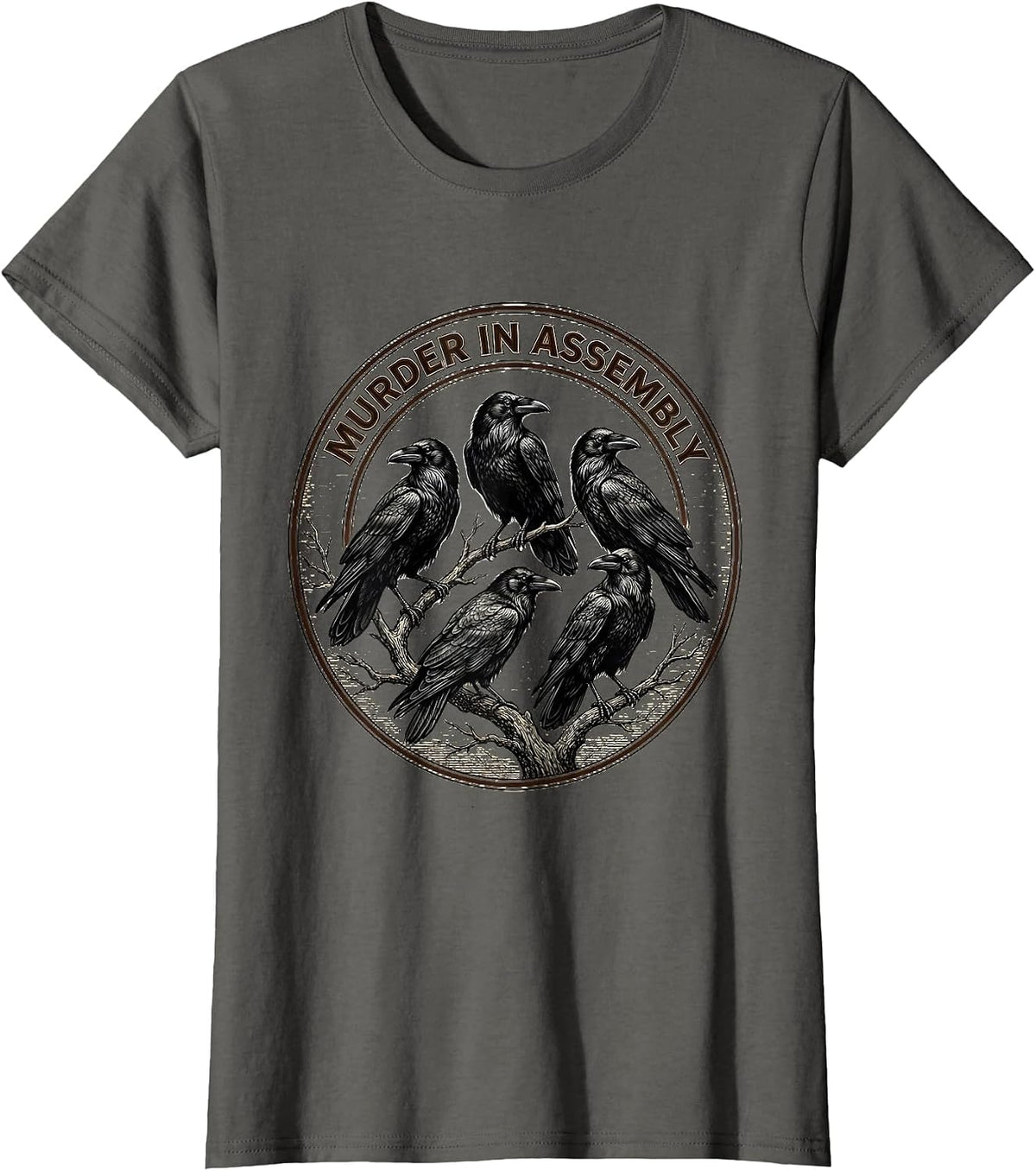 Women's Murder In Assembly Crosshatch Etching Crow Lover Bird Humor T-Shirt - Asphalt Grey
