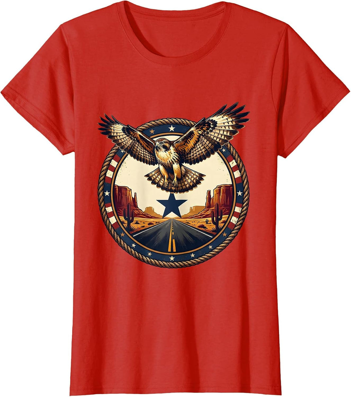Route 66 Hawk Soaring Over Desert Highway T-Shirt - Red