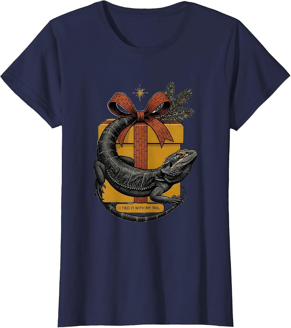 Women's I Tied It With My Tail Midcentury Modern Christmas Dragon T-Shirt - Navy Blue