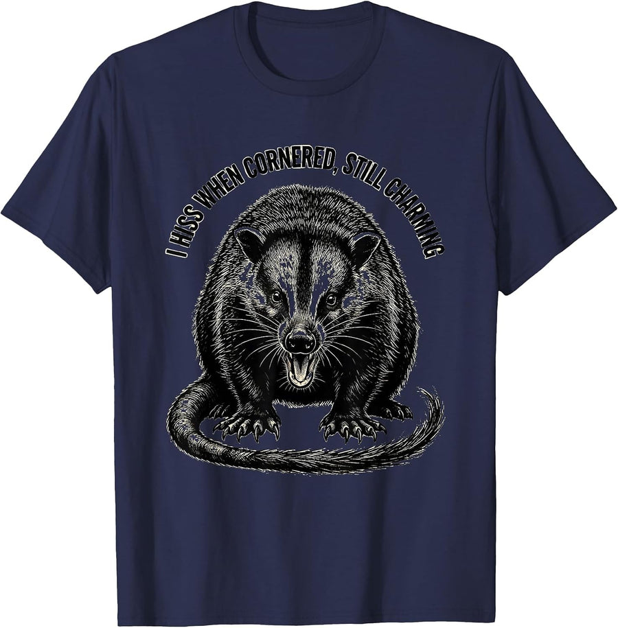 I Hiss When Cornered Still Charming Funny Opossum Animal T-Shirt - Navy Blue