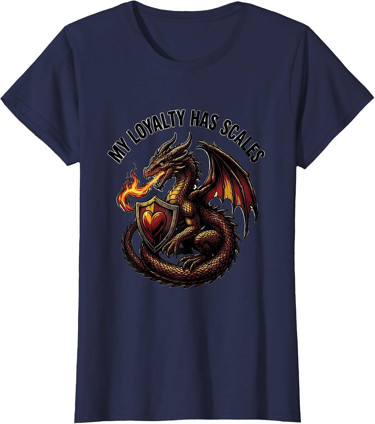 Women's My Loyalty Has Scales Tattoo Dragon Fantasy Enthusiast Art T-Shirt - Navy Blue