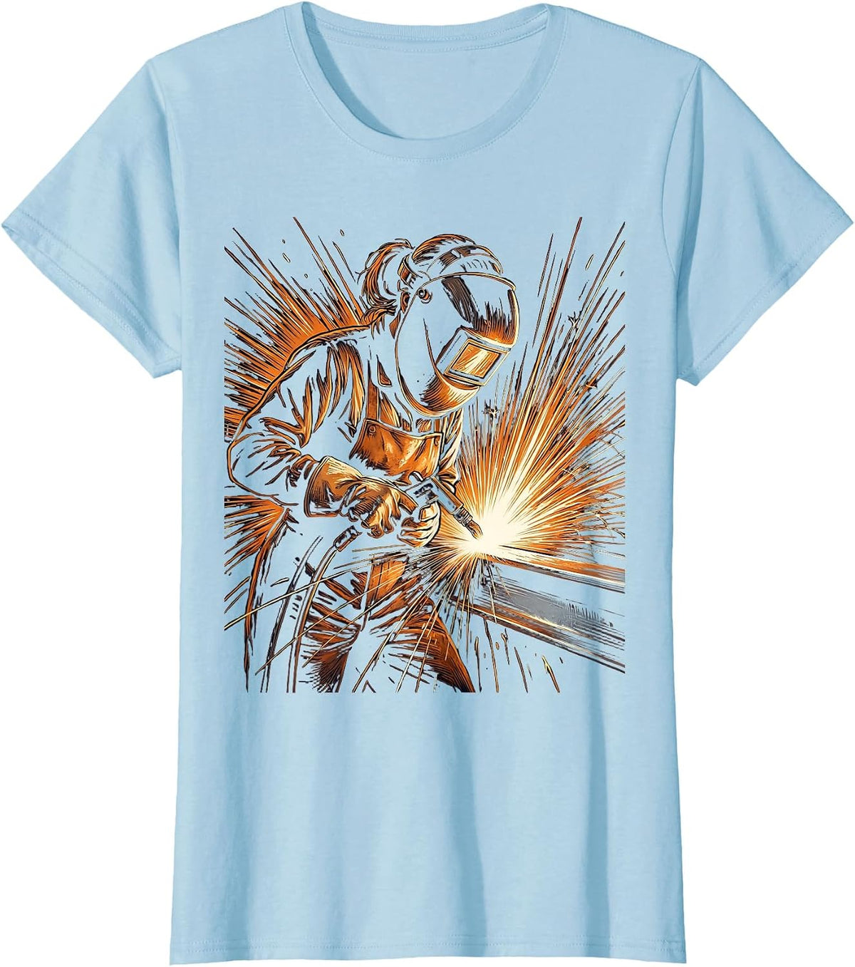 Do It Lady Welder Sparks Flying Illustration T-Shirt - Baby Blue