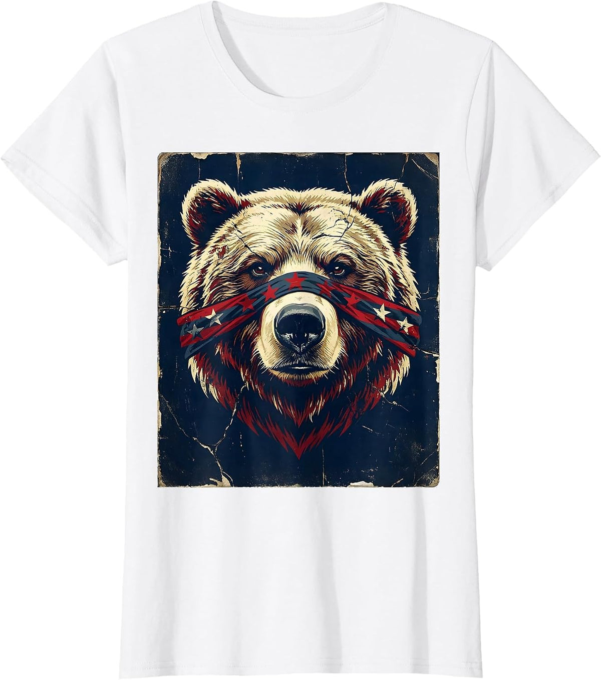 Women's Patriotic Bear Stars and Stripes Bandana Design T-Shirt - White