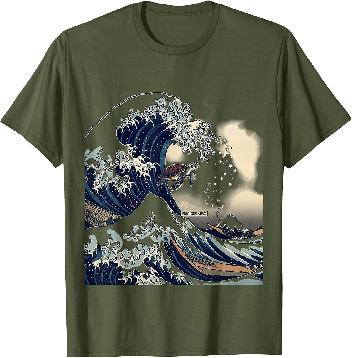 Frutiger Aero Ukiyo-e Y2K Tech Nostalgia Aesthetic T-Shirt - Olive Green