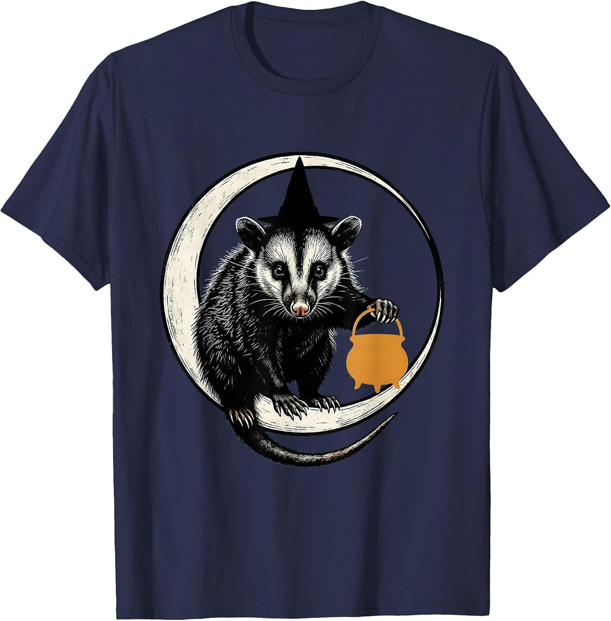 Opossum Moon Witch Hat Halloween Spooky Novelty T-Shirt - Navy Blue