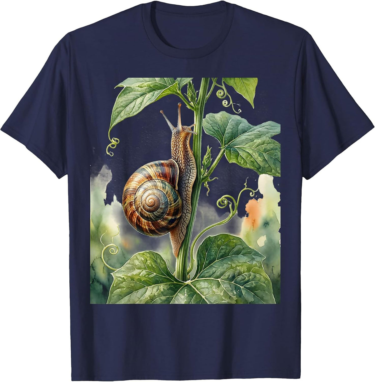 Snail Climbing Garden Stalk Nature Illustration T-Shirt - Navy Blue