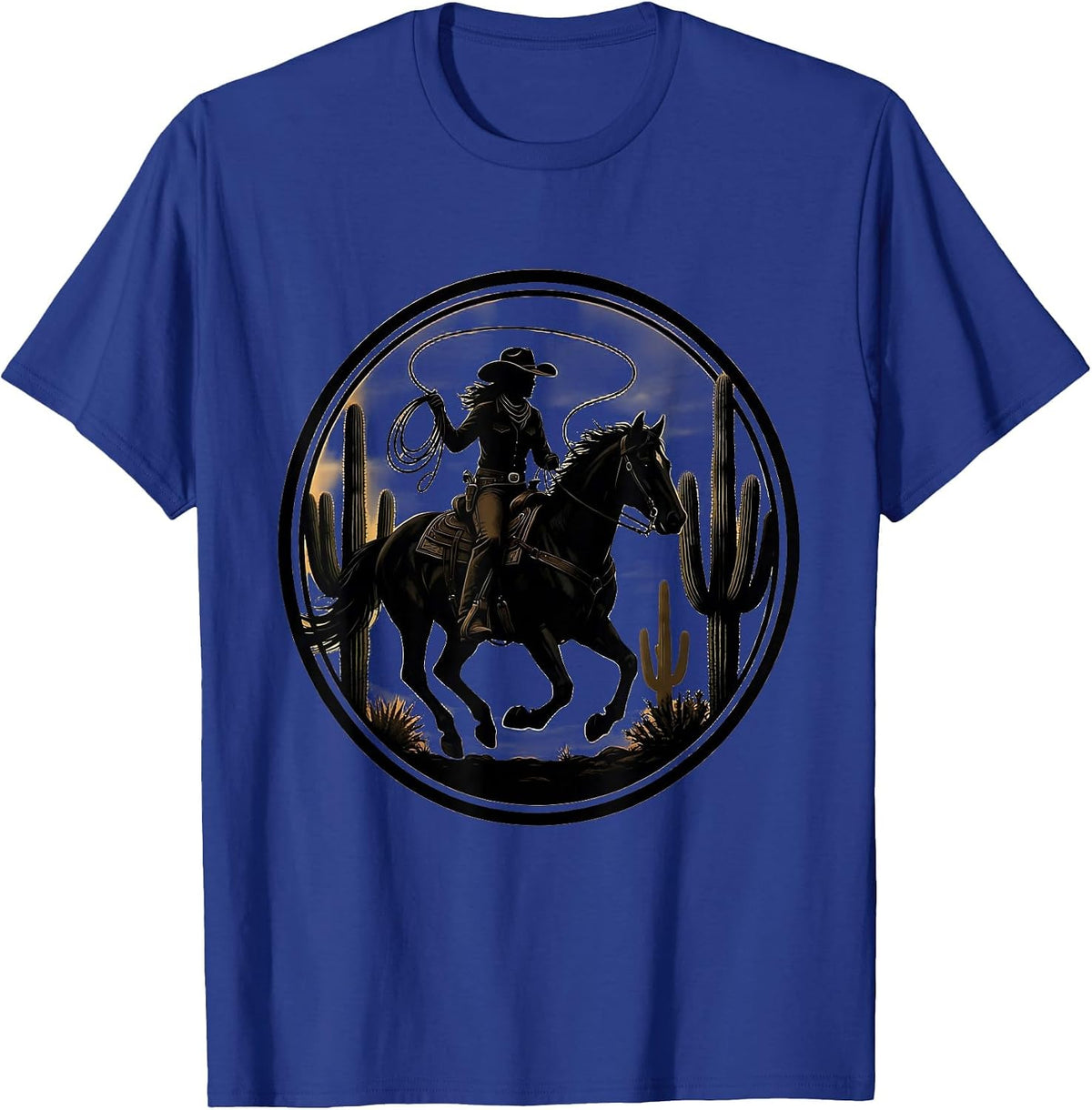 Black Cowgirl Riding Horse Through Cactus Field T-Shirt - Royal Blue