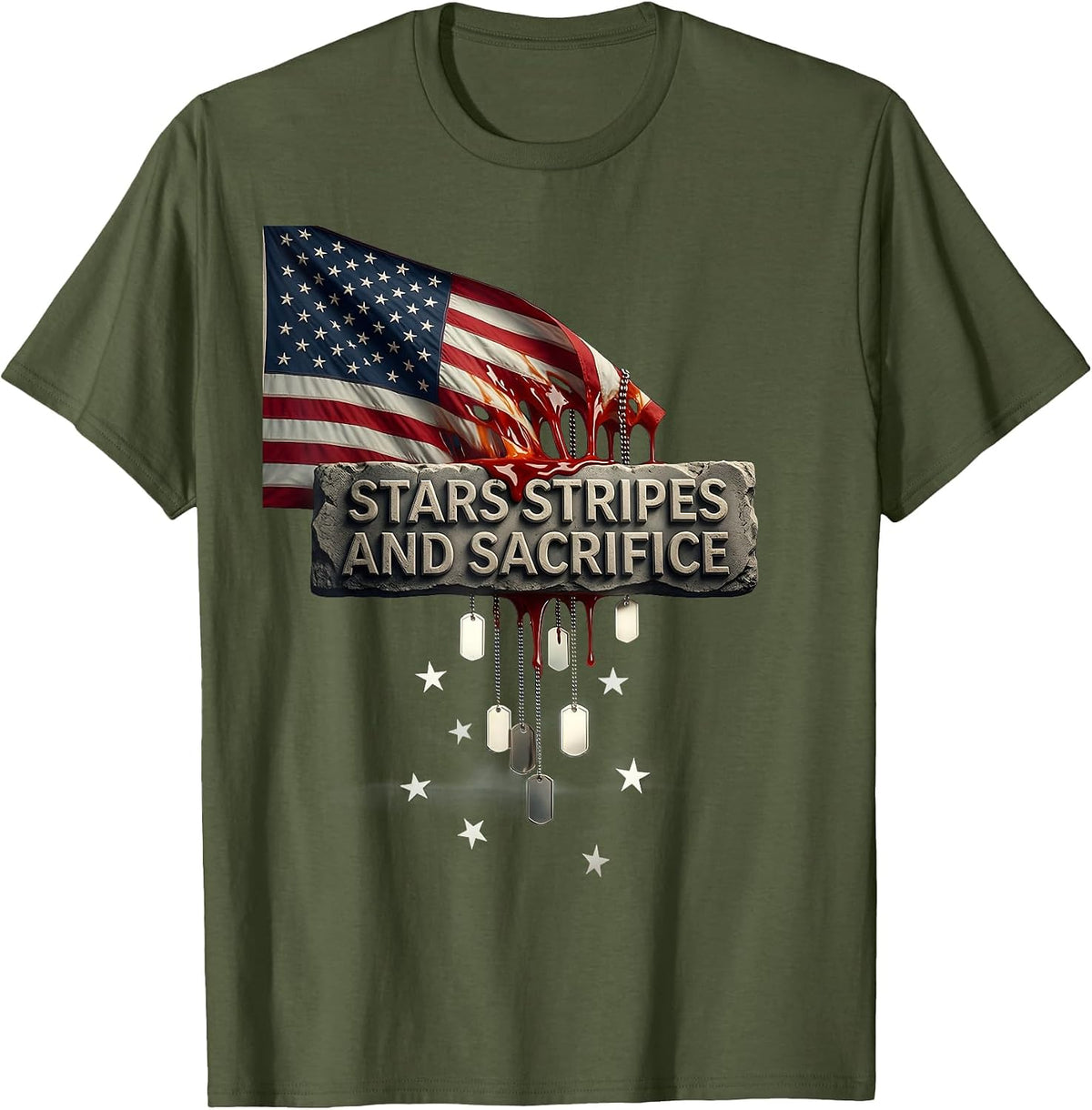 Stars Stripes and Sacrifice Memorial Day Design T-Shirt - Olive Green