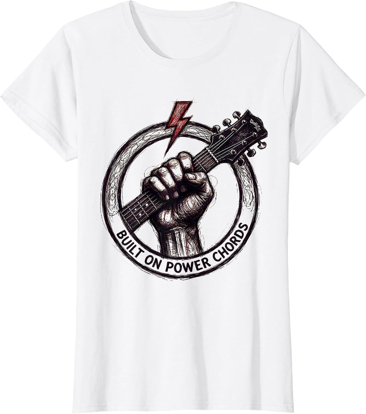 Women's Built on Power Chords Heavy Metal Guitar Design T-Shirt - White