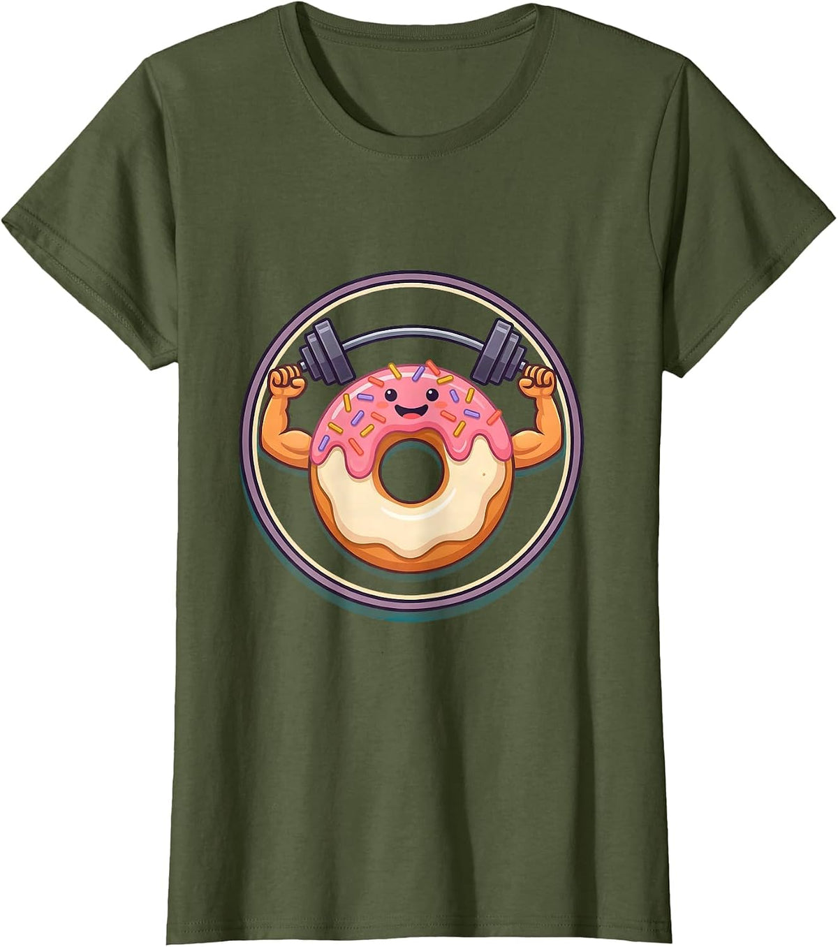 Women's Funny Donut Lifting Weights Gym Humor Graphic T-Shirt - Olive Green