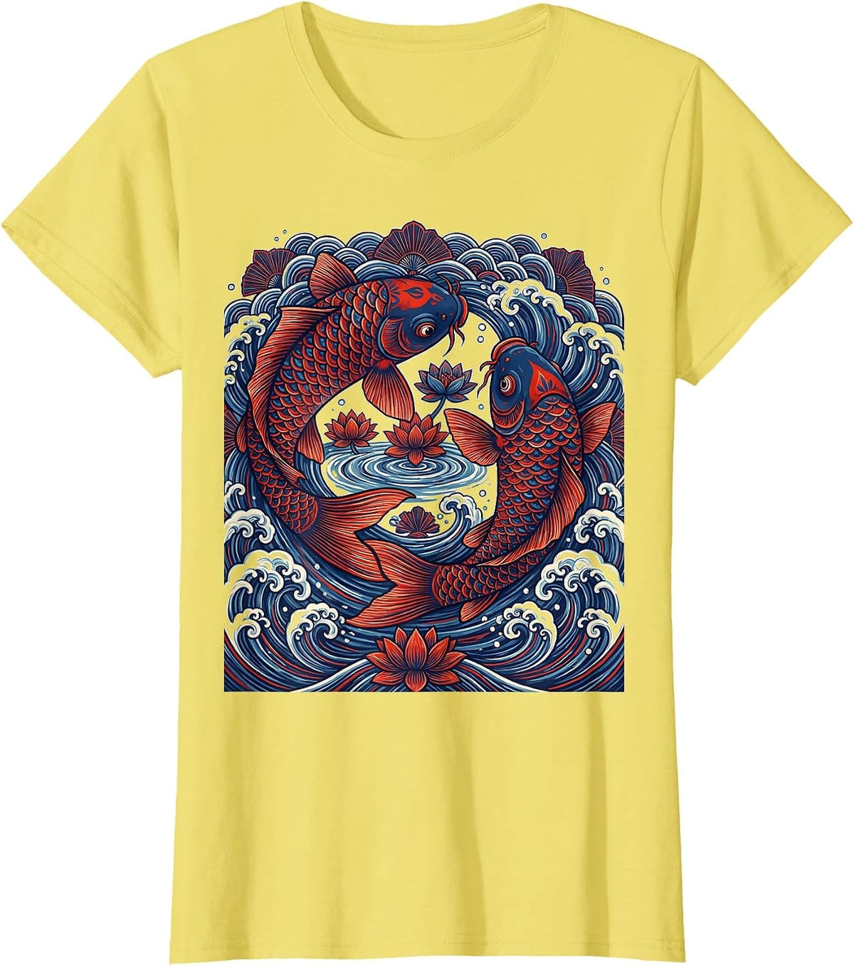 Koi Fish Japanese Wave Tattoo Art Design T-Shirt - Lemon Yellow