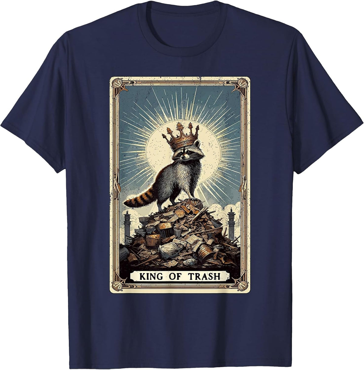 King of Trash Racoon Tarot Card Raccoon T-Shirt - Navy Blue