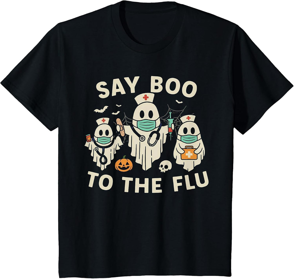 Nurse Halloween Ghost Crew Vaccine Say Boo to the flu T-Shirt - Black