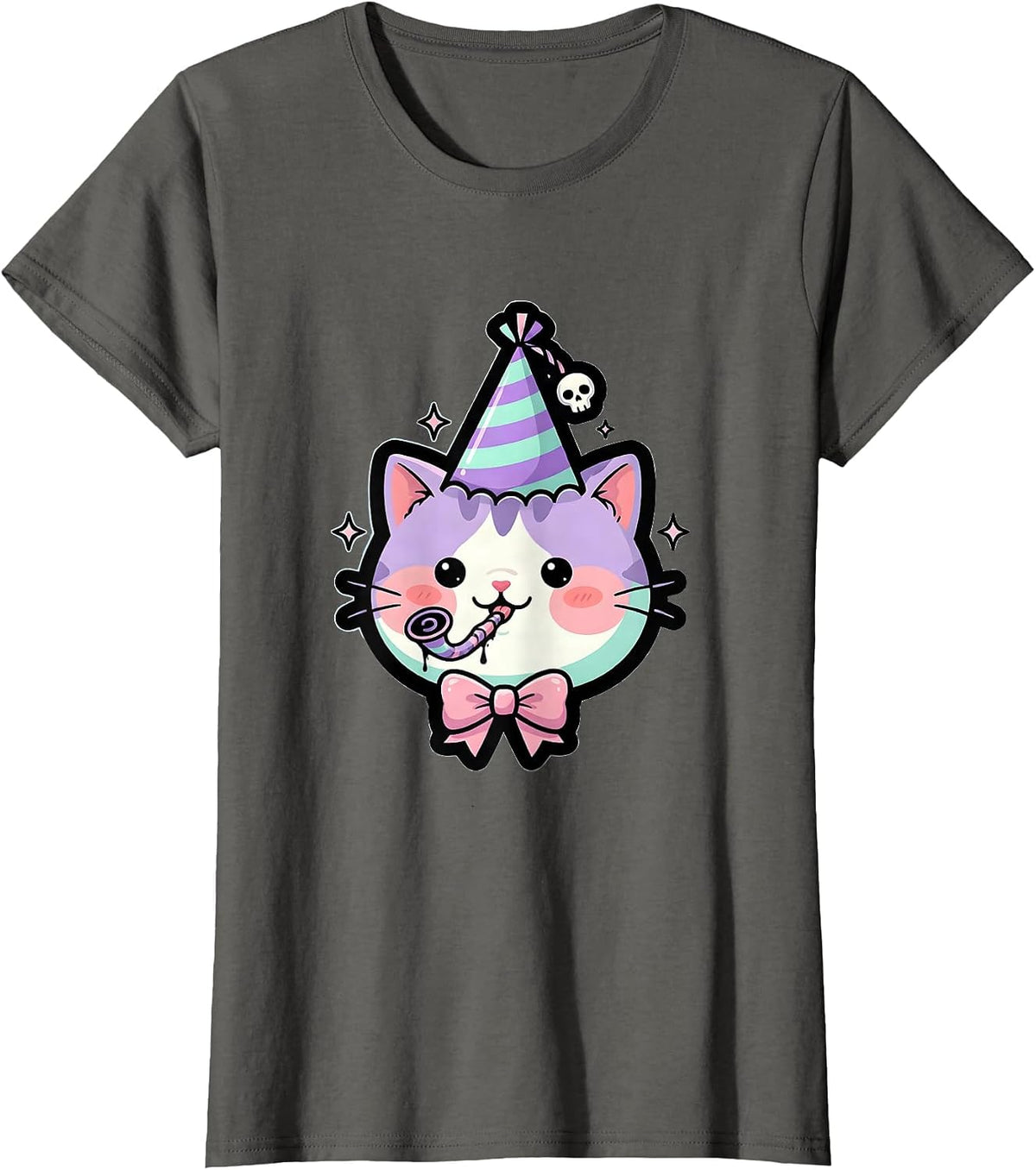 Women's Funbibi Cat Party Hat Noisemaker Celebration T-Shirt - Asphalt Grey