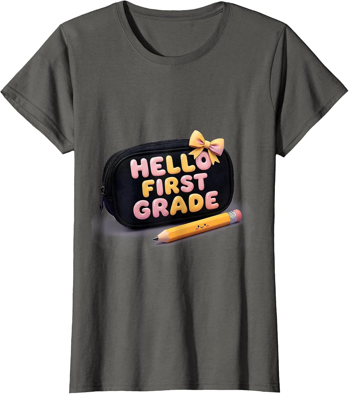 Women's Hello First Grade Cute Kawaii Bow Back To School Pencil T-Shirt - Asphalt Grey