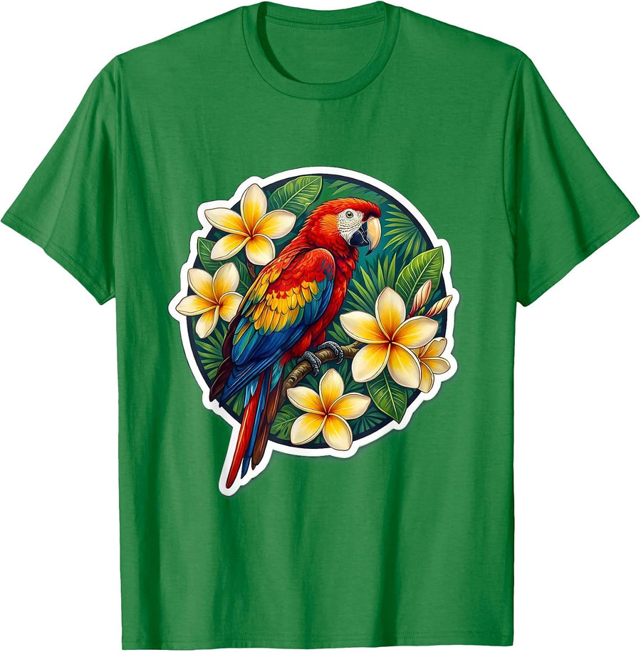 Men's Macaw Parrot Plumeria Hawaiian Floral Design T-Shirt - Kelly Green