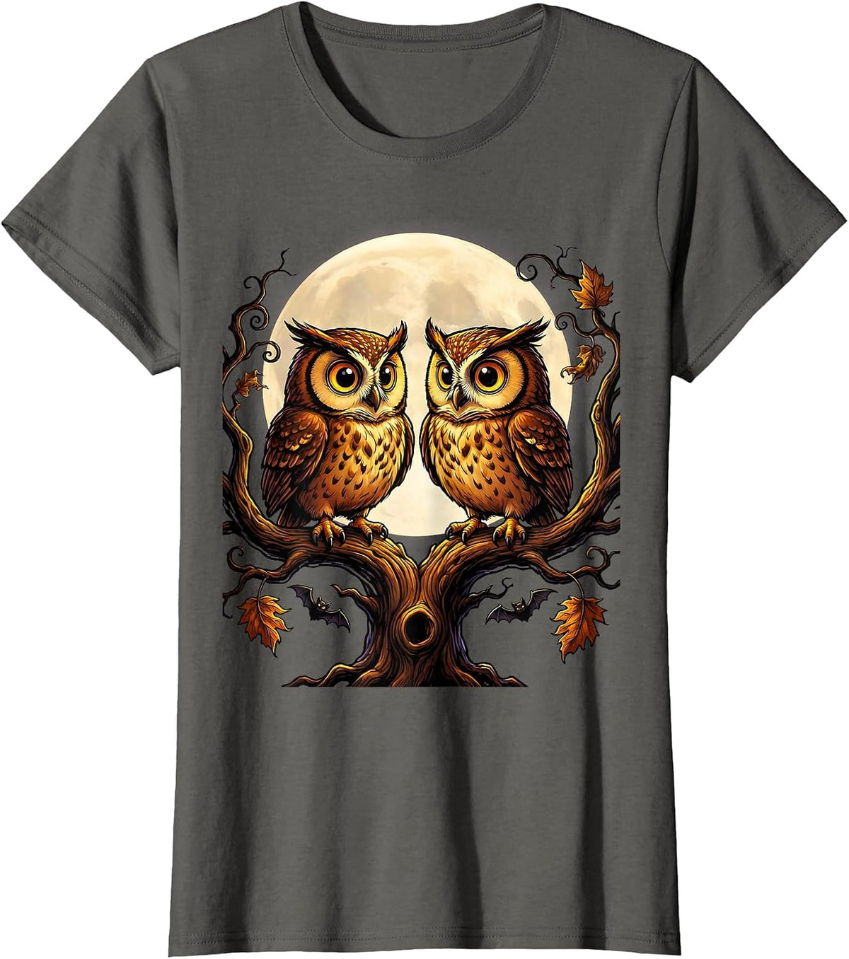 Women's Halloween Twin Owls on Mirrored Branches Design T-Shirt - Asphalt Grey