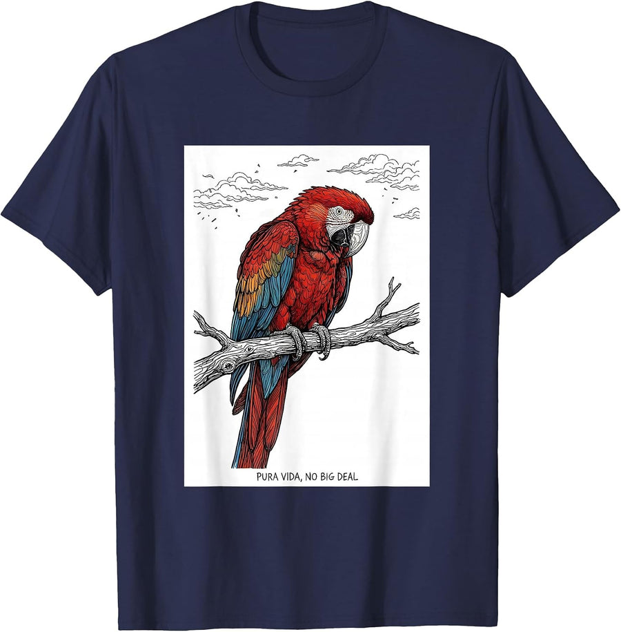 Pura Vida No Big Deal Line Art Macaw Bird Costa Rica T-Shirt - Navy Blue