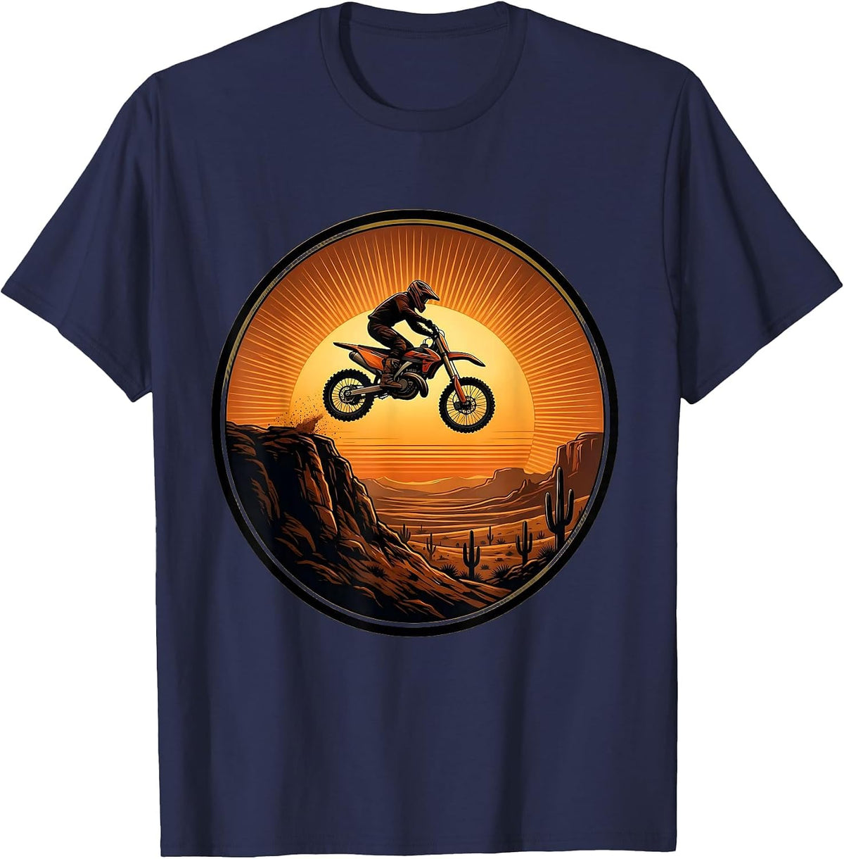 Dirt Bike Silhouette Against Setting Sun Graphic T-Shirt - Navy Blue
