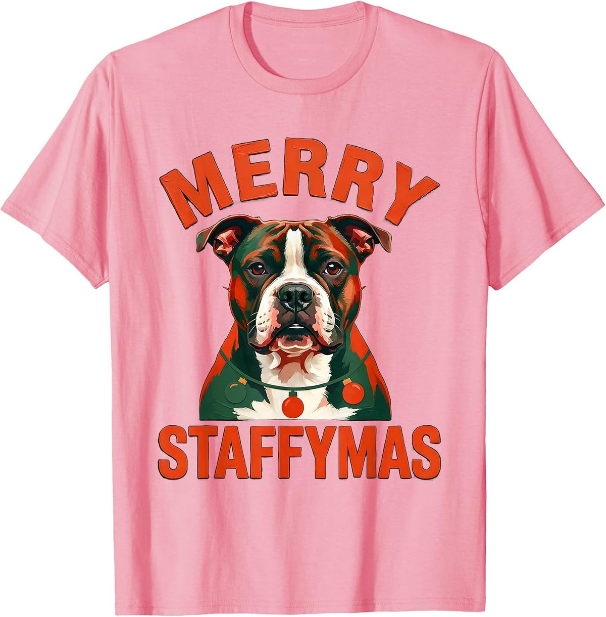 Men's Merry Staffymas Funny Staffordshire Bull Terrier Christmas T-Shirt - Pink