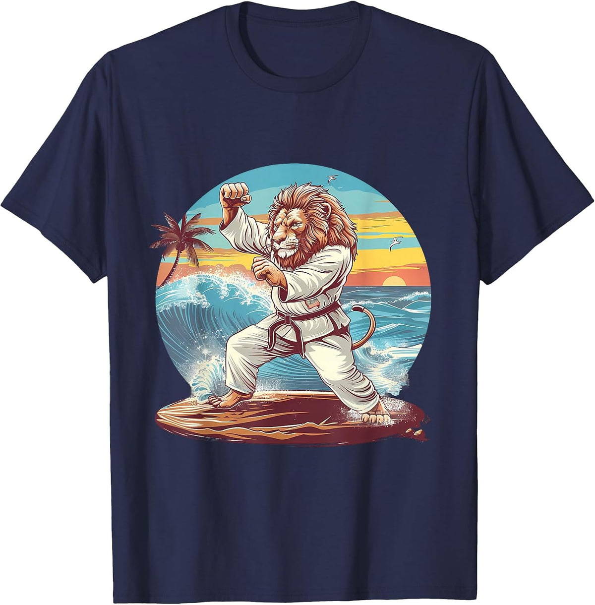 Kickboxing Lion Beach Sunset Jiu-Jitsu Taekwondo Lion Lover T-Shirt - Navy Blue