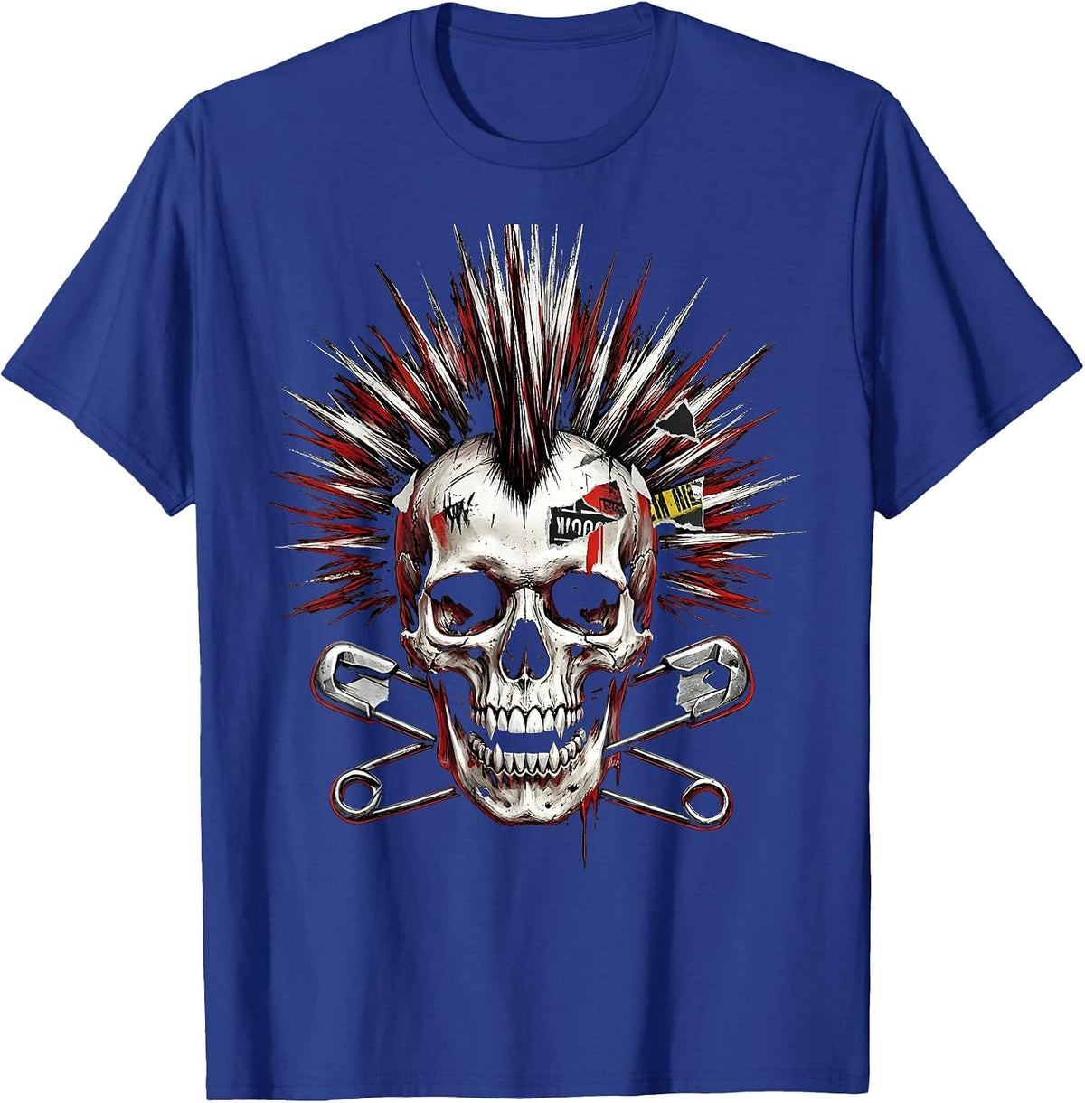 Mohawk Skull Crossed Safety Pins Punk Rock Design T-Shirt - Royal Blue