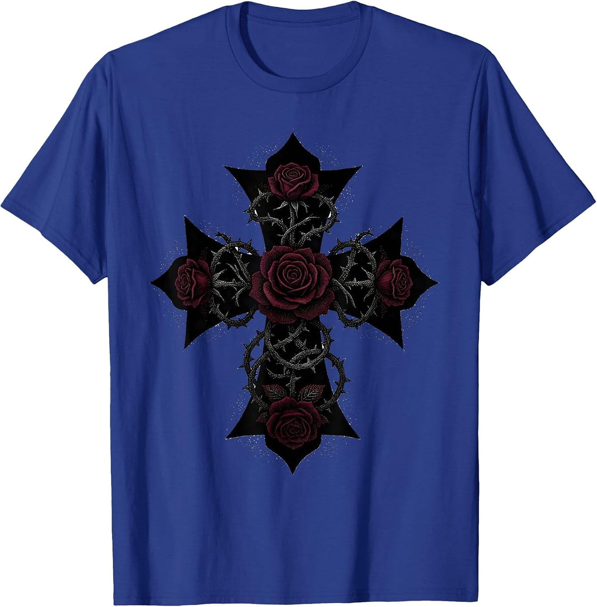 Rose Vine Iron Cross Gothic Floral Design T-Shirt - Royal Blue
