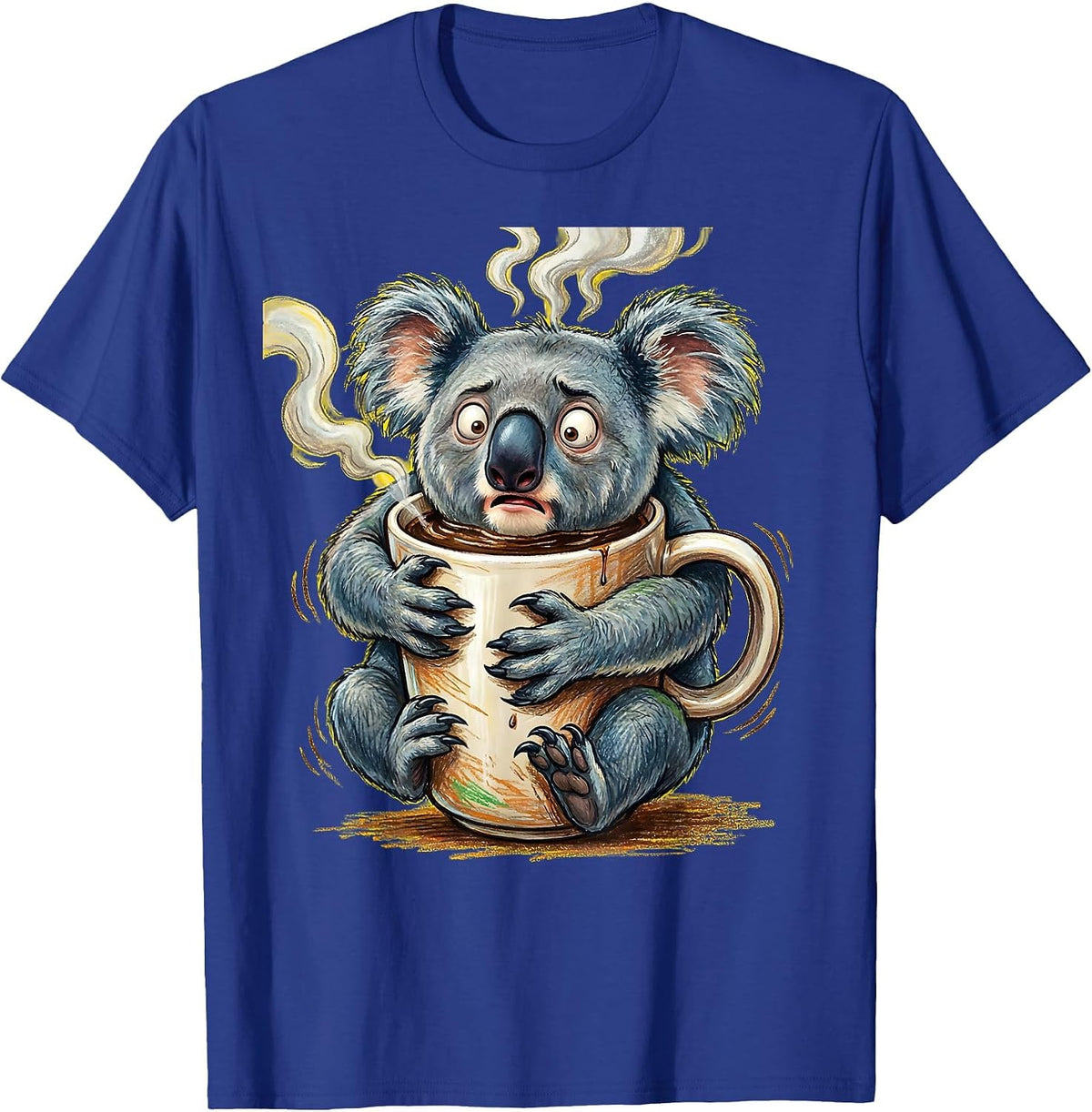 Men's Koala Clinging to Coffee Mug Funny Illustration T-Shirt - Royal Blue