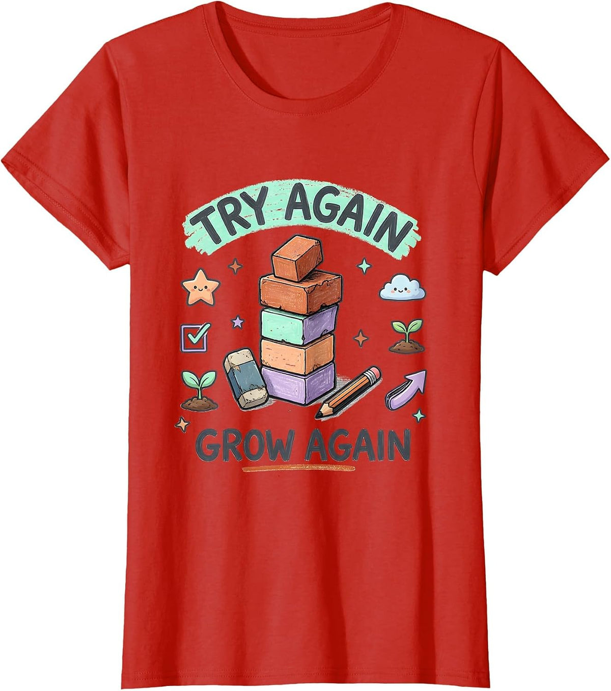 Women's Try Again Grow Again Kawaii Stationery Teacher Growth T-Shirt - Red