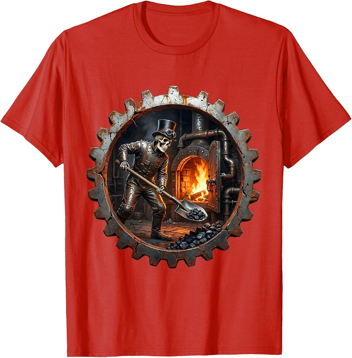 Men's Steampunk Skeleton Engineer Shoveling Coal Art T-Shirt - Red
